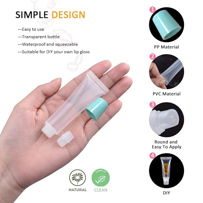 AMORIX 50PCS Lip Gloss Tubes 15ml Blue Lip Gloss Containers Empty Lip Balm Tubes Refillable Cosmetic Squeeze Lipgloss Tubes + 2 x 20ml Syringes Labels for DIY Lip Gloss Base Glitter