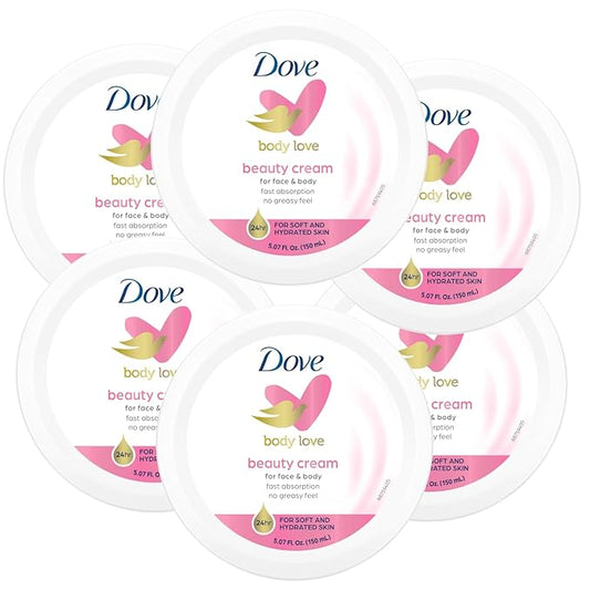 Dove Nourishing Body Care, Face, Hand, and Body Beauty Cream for Normal to Dry Skin Lotion for Women with 24-Hour Moisturization, 6-Pack, 5.07 Oz Each Jar