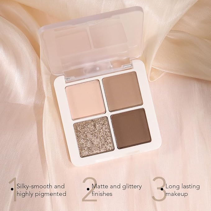 4 Colors Matte Shimmer Eyeshadow Makeup Palette,Champagne Nude Light Dark Brown Highly Pigmented Natural Neutral Eye Shadow Palette,Long Lasting Waterproof Naturing-Looking Women Girls Eye Shadow