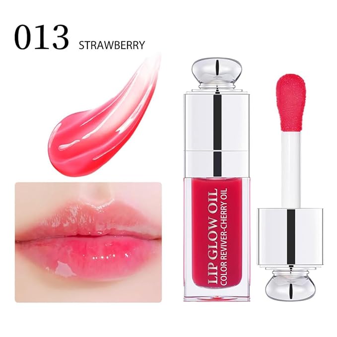 Hydrating Lip Glow Oil, Lip Oil Gloss Transparent Toot Tinted Nourishing Long Lasting Repairing Lightening Lip Lines (STRAWBERRY) 0.2 OZ