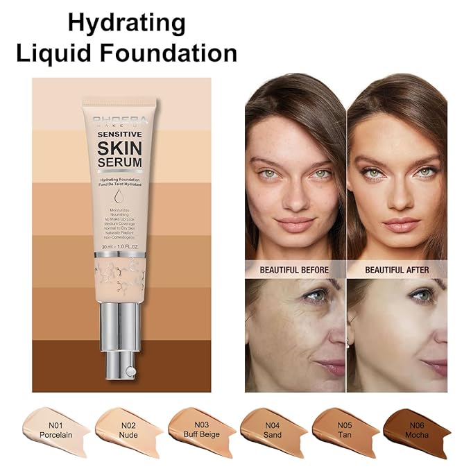 PHOERA Hydrating Essence Foundation,Waterproof and Light Long Lasting (N02 Nude)