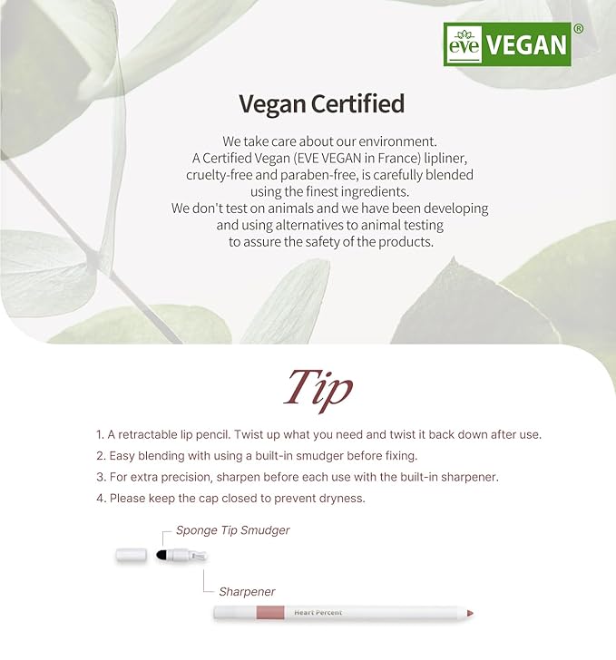 Heart Percent Dote On Mood Lip Pencil Slim, Defines and Fills Creamy Lip Liner Retractable Lipstick Pencil with Built-In Sharpener, 18. Fig Rose