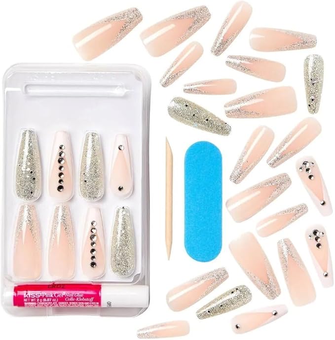 KISS Premium Classy Fake Nails French Manicure Set with Jeweled Rhinestone Nail Art Accents, Style 'Sophisticated', with Pink Gel Nail GLue & 30 Glue-On Nails (Pack of 1)