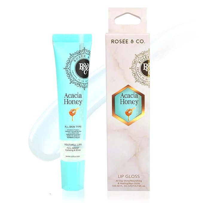 ROSÉE & CO Rosee Lip Gloss Vegan & Cruelty Free Treatment, Professional Make up, Long Lasting Glossy with Shea Butter, Moisturize, Protect & Smooth, High Shine, Non-Sticky (d.Acacia Honey, 0.5)