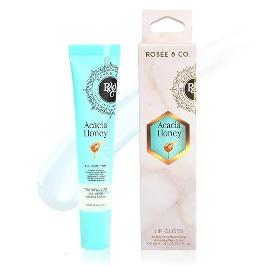 ROSÉE & CO Rosee Lip Gloss Vegan & Cruelty Free Treatment, Professional Make up, Long Lasting Glossy with Shea Butter, Moisturize, Protect & Smooth, High Shine, Non-Sticky (d.Acacia Honey, 0.5)