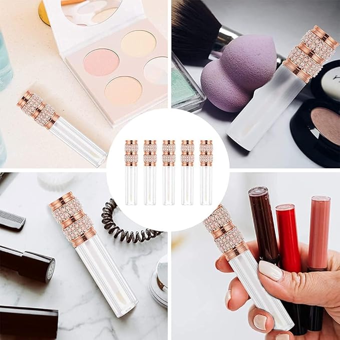 AMORIX 6pcs Lip Gloss Tubes with Wand 5ml Empty LipGloss Containers Pearl Diamond Lipgloss Bottles Crystal Lip Gloss Supplies Kit with 2pcs Syringe