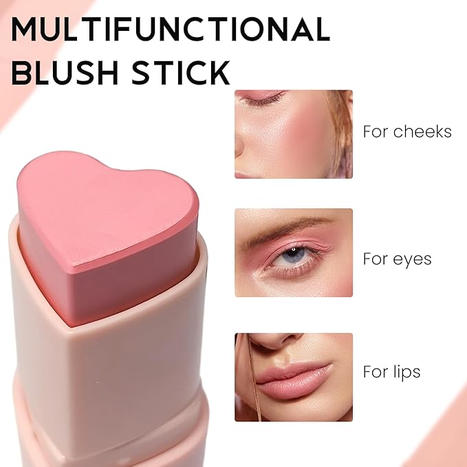 Blush Stick for Cheeks, Cream Blush with Heart-shaped, Candy Rose