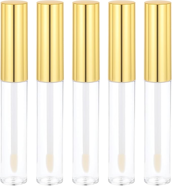 5 Pcs Empty Lip Gloss Tubes, Clear Plastic Gloss Container with Wand Refillable Lip Balm Bottle 10ml Lip Gloss Container for Lipstick Samples, Lip Balms(Gold Tube Cap)