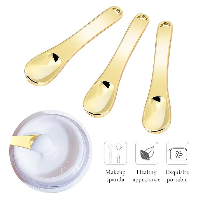 Mini Metal Makeup Spatula Skin Care Cosmetic Spoon Reusable Applicator, Beauty Scoop for Facial Cosmetic for Face Mask Cream Lotions Moisturizers (3 Gold)