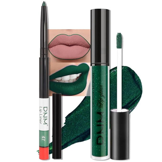 evpct 2Pcs Emerald Green Shimmer Glitte Liquid Lipstick Lip Gloss Stain and Retractable Lip Liner Makeup Set for Women Long Lasting Waterproof 24 Hours Lipstick labial mate larga duracion 24 47#