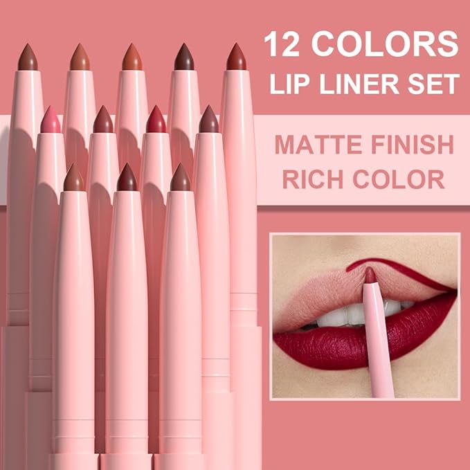 12 Colors Retractable Lip Liner Kit for Define & Sculpting Lips Shades, Long Lasting Waterproof High Pigment Matte Finish Creamy Texture Lip Liner Pencil Set for Women