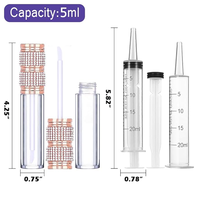 AMORIX 72 Pack 5ml Rose Gold Crystal Lip Gloss Tubes with Wand 5ml Empty Lip Gloss Containers Lipgloss Bottles with 4pcs Syringes + Labels for DIY Lip Gloss