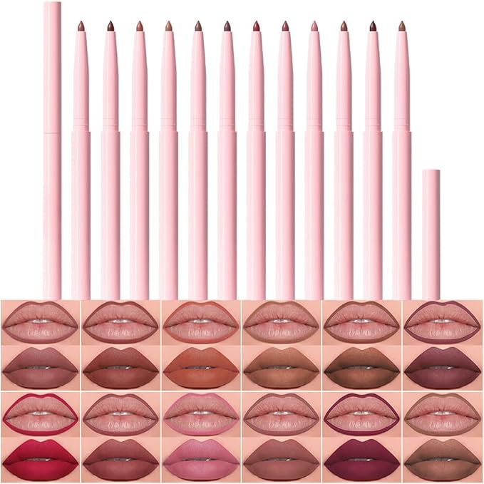 evpct 12Pcs Retractable Lip Liners Pencils Set Pack for Shaping & Sculpting Lips, Mauve Maroon Red Orange Nude Coffee Brown Plum Taupe Creamy Matte Gel Lip Liner Lipliners Pencil delineador de labios