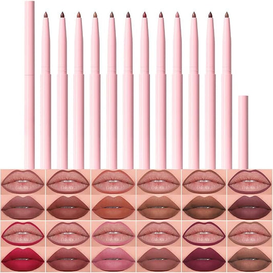 evpct 12Pcs Retractable Lip Liners Pencils Set Pack for Shaping & Sculpting Lips, Mauve Maroon Red Orange Nude Coffee Brown Plum Taupe Creamy Matte Gel Lip Liner Lipliners Pencil delineador de labios
