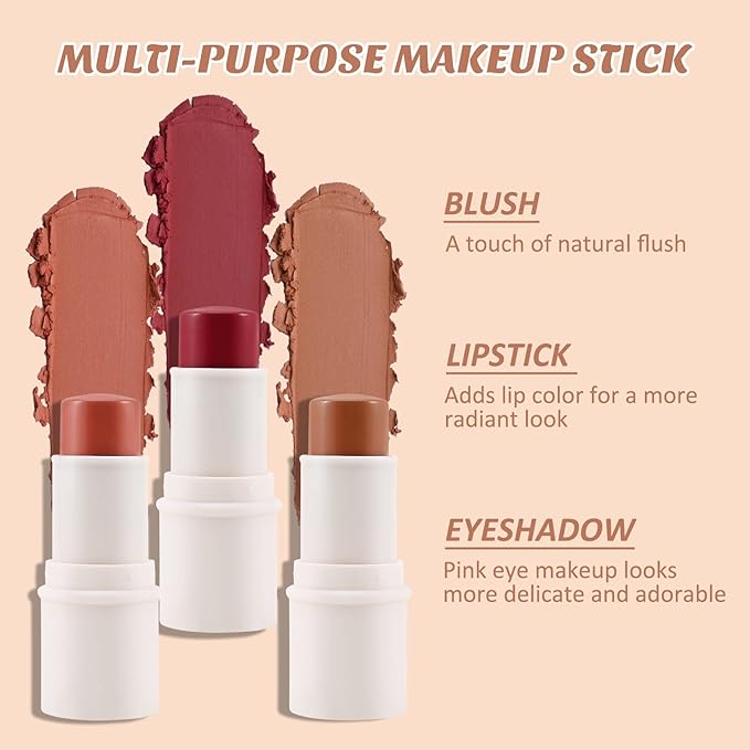 Boobeen Cream Blush stick, Multi Face Blush for Cheek, Lip and Eye, Pigmented Matte Finish for Natural Flush Color, Buildable and Lightweight