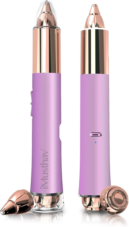 2-in-1 Portable Rechargeable Painless Eyebrow Trimmer & Facial Hair Remover, removes eyebrow, face, lips and body hair for women. 18K gold plated hypoallergenic heads, 360° LED light for Hair Remover