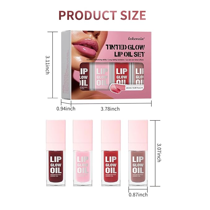 Glow Lip Oil Set, 4 Colors Tinted Glow Lip Oil Set, Hydrating Transparent Moisturizing Plumping Non-Sticky Big Brush Head Lip Gloss