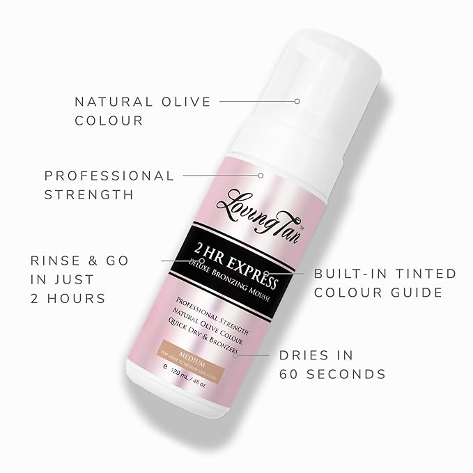 Loving Tan 2 HR Express Mousse, Medium - Streak Free, Natural looking, Professional Strength Sunless Tanner - Up to 5 Self Tan Applications per Bottle, Cruelty Free, Naturally Derived DHA - 4 FL Oz
