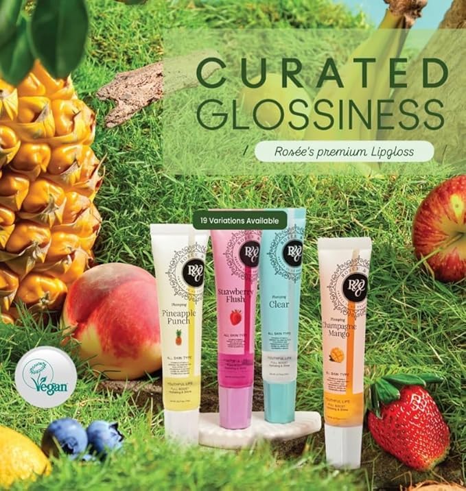 ROSÉE & CO Rosee Lip Gloss Vegan & Cruelty Free Treatment, Professional Make up, Long Lasting Glossy with Shea Butter, Moisturize, Protect & Smooth, High Shine, Non-Sticky - Clear, 05 Fl oz