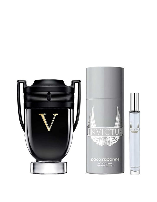 Paco Rabanne INVICTUS VICTORY 3-Piece Tin Box Set for Men, (3.4 Oz Eau De Parfum Extreme Natural Spray + 5.1 Oz Deodorant Spray + 0.34 Oz Eau De Toilette Spray)