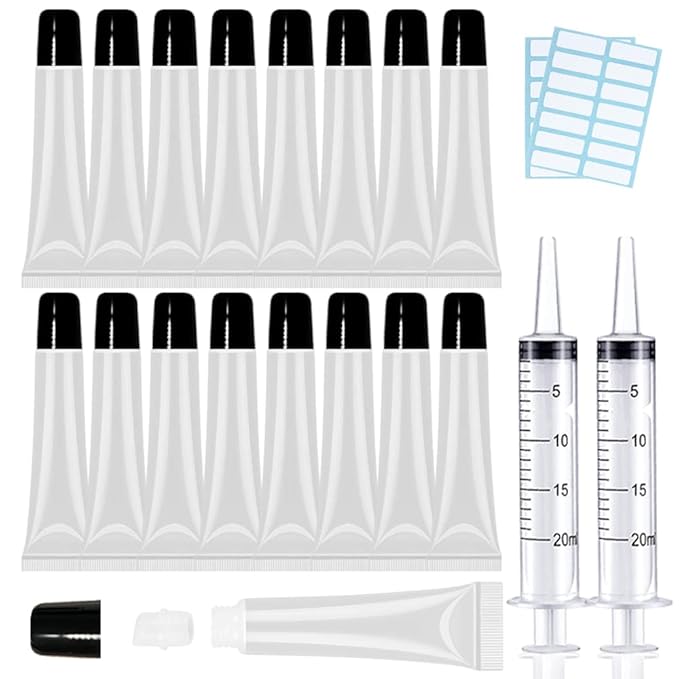 AMORIX 50PCS Lip Gloss Tubes 20ml Black Cap Lip Gloss Containers Empty Lip Balm Tubes Cosmetic Lipgloss Tubes + 2 x 20ml Syringes Tag Labels for DIY Lip Gloss Base Glitter