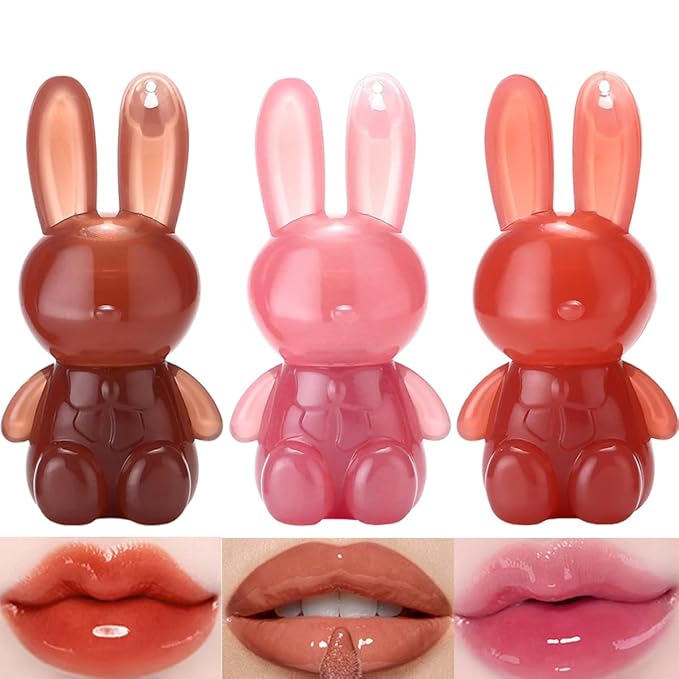 3Pcs Cute Rabbit Hydrating Lip Gloss Set,Cute Bunny Lip Glaze, Moisturising Jelly Liquid Lipsticks Lip Stain,Waterproof Non-Stick Cup Long Lasting Cute Makeup
