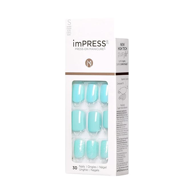 KISS imPRESS Press-On Manicure, Nail Kit, PureFit Technology, Short Press-On Nails, 'Rain Check', Includes Prep Pad, Mini Nail File, Cuticle Stick, and 30 Fake Nails (Pack of 2)