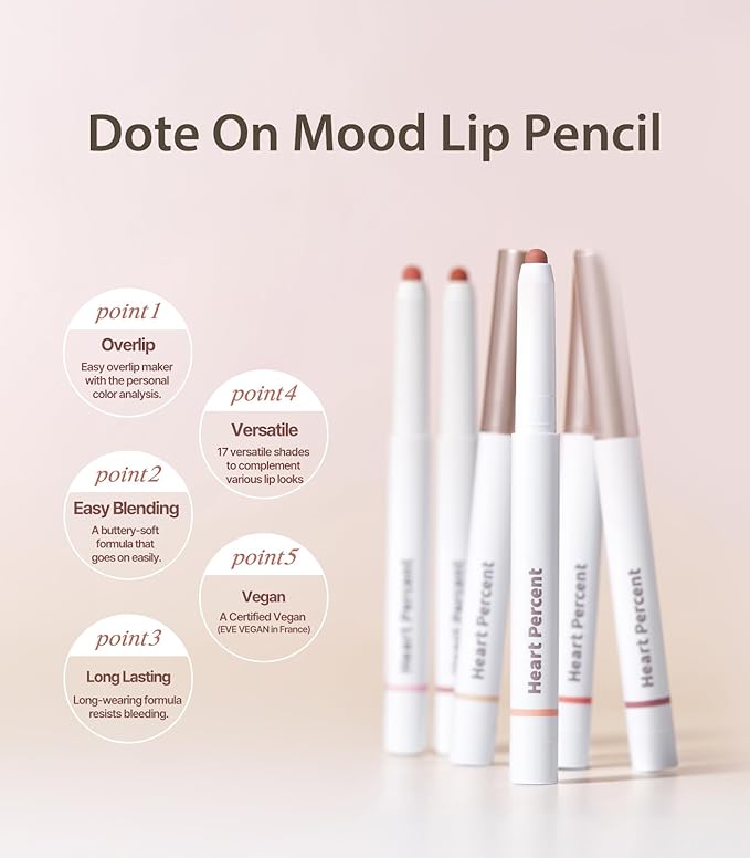 Heart Percent Dote On Mood Lip Pencil, Long-Lasting Creamy Lip Crayon Smooth Color Liner Retractable Lipstick Pencil 0.8g, 20. Salmon Beige