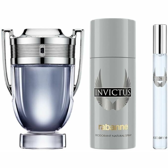 Paco Rabanne Invictus 3-Piece Gift Set for Men, (3.4 Oz Eau De Toilette Spray + 5.0 Oz Deodorant spray + 0.33 Oz Travel Spray)