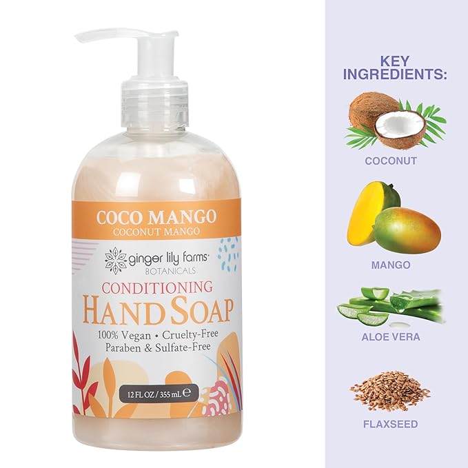 Ginger Lily Farms Botanicals Conditioning Liquid Hand Soap, Coco Mango, 100% Vegan & Cruelty-Free, Coconut Mango Scent, 12 Fl Oz (Pack of 6)