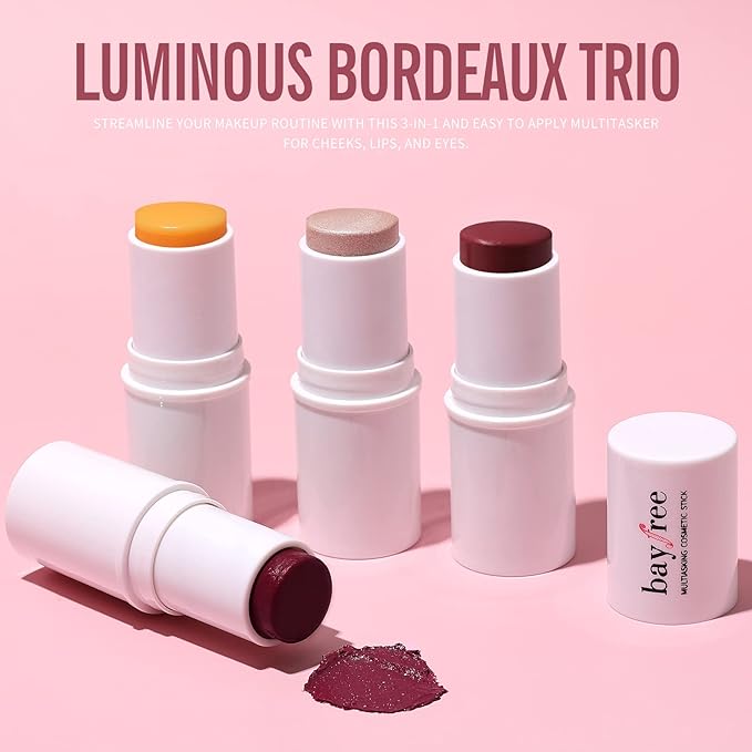 KIMUSE Cosmetics Multi Stick Trio, Cream Blush Stick, Highlighter Stick & Moisturizer, 3 Pack Makeup Sticks for Older Women & Mature Skin (Luminous Bordeaux Trio)