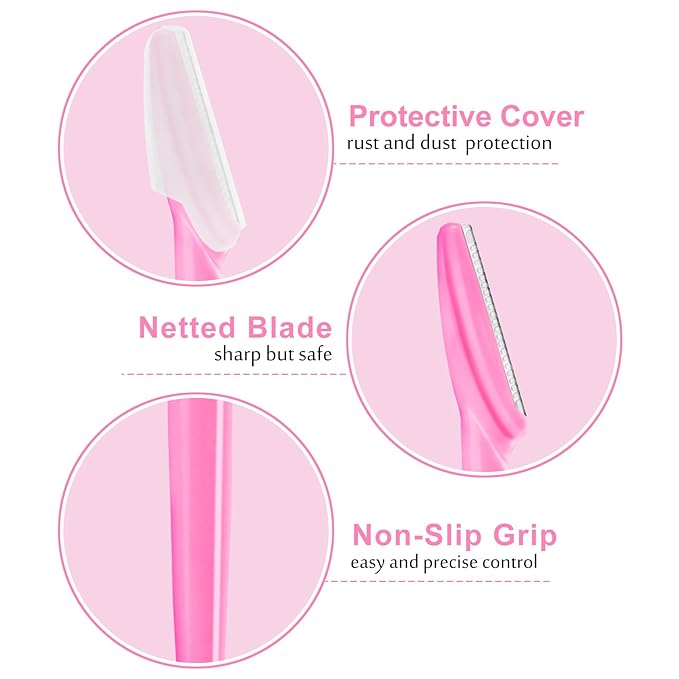 12 Pcs Eyebrow Razors, Face Razors Multipurpose, Exfoliating Dermaplaning Tools, Eyebrow Trimmers Shaver with Safety Cover, Facial Hair Removal for Women Men Body Use (Pink)
