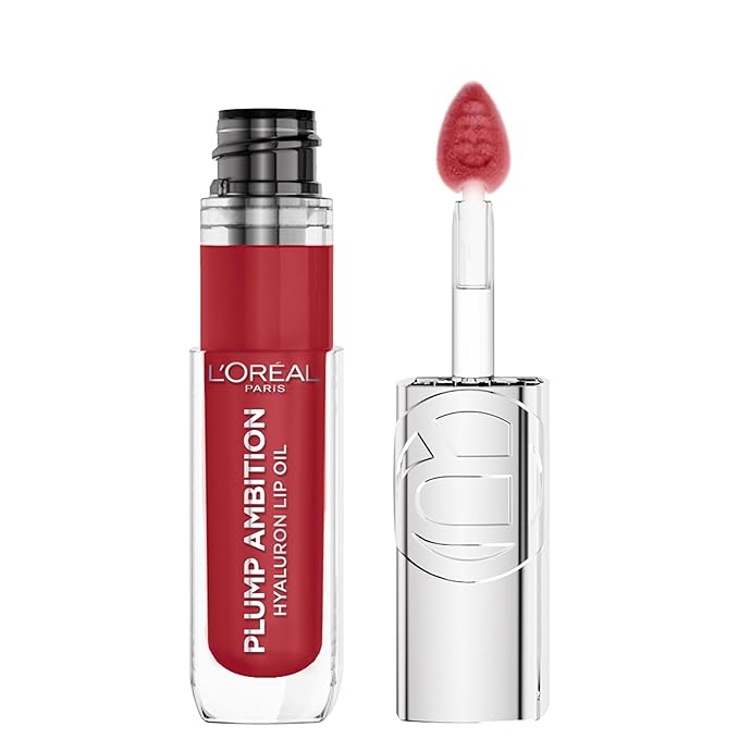 L'Oreal Paris Plump Ambition Hyaluron Lip Oil, 24 HR Lip Gloss with Hyaluronic Acid, Volumizing Formula with Glass-Like Shine, Cherry Cherie 390, 0.16 Fl Oz