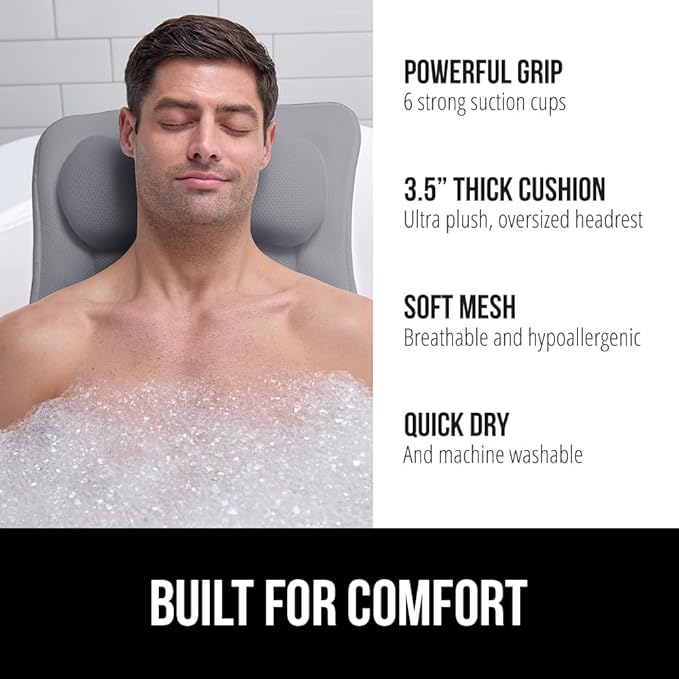 GORILLA GRIP Mesh Bath Pillow for Tub, 6 Powerful Suction Cups, Oversized Headrest with Breathable FlexComfort Technology for Neck, Head, Back Support, Luxury Machine Washable Bathtub Must Haves, Gray
