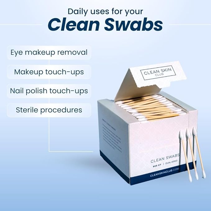Clean Skin Club Clean Swabs, 2 Pack, 1000 Total Count, One Pointed Tip, Biodegradable + Organic Cotton & Bamboo, Makeup & Nail Polish EyelinerTouch-ups, Ear Cleaning QTips, Sterile, Hypoallergenic