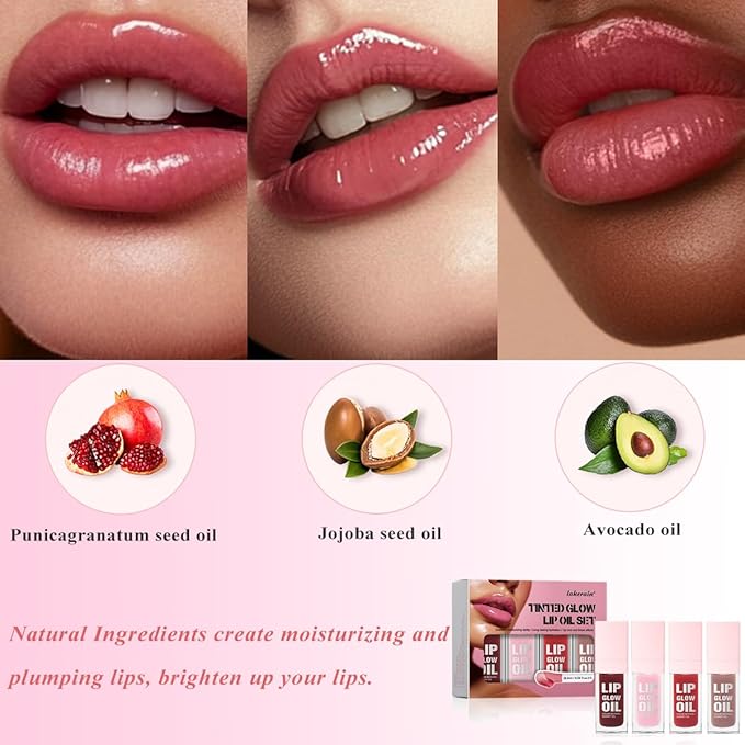 Glow Lip Oil Set, 4 Colors Tinted Glow Lip Oil Set, Hydrating Transparent Moisturizing Plumping Non-Sticky Big Brush Head Lip Gloss
