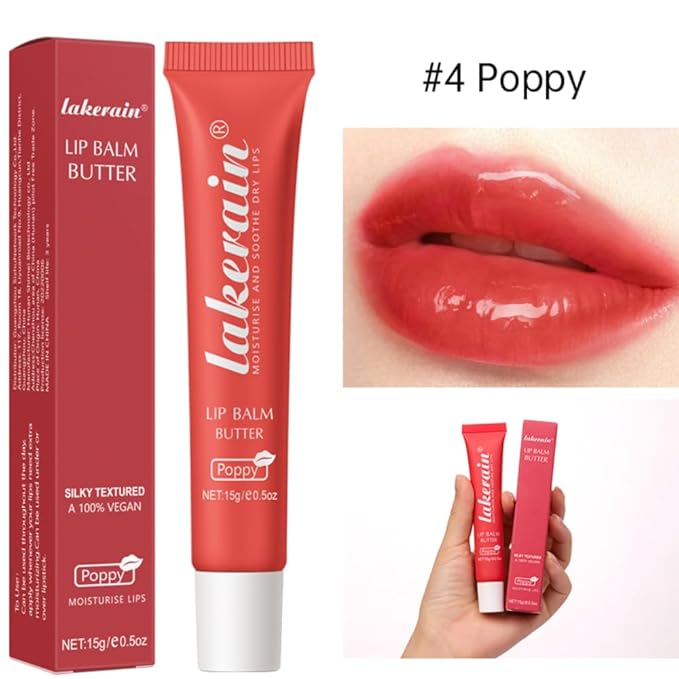 Tinted Lip Butter Balm - Tinted Moisture Gel Lip Gloss | Hydrating Glow Tinted Lip Care | Tinted Lip Stain (Poppy, 04)
