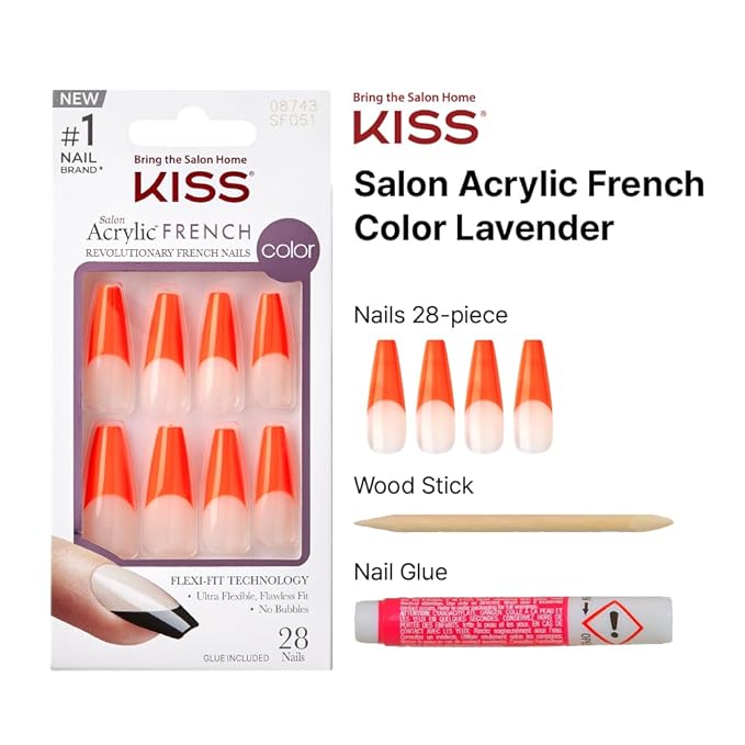 KISS Acrylic French False Nails Kit, X-Long Coffin Shape Design Nail, Orange Color French Tip Nails, Ready to Wear Gel & Manicure Stick included, Long-Lasting Convenient & Easy to Apply