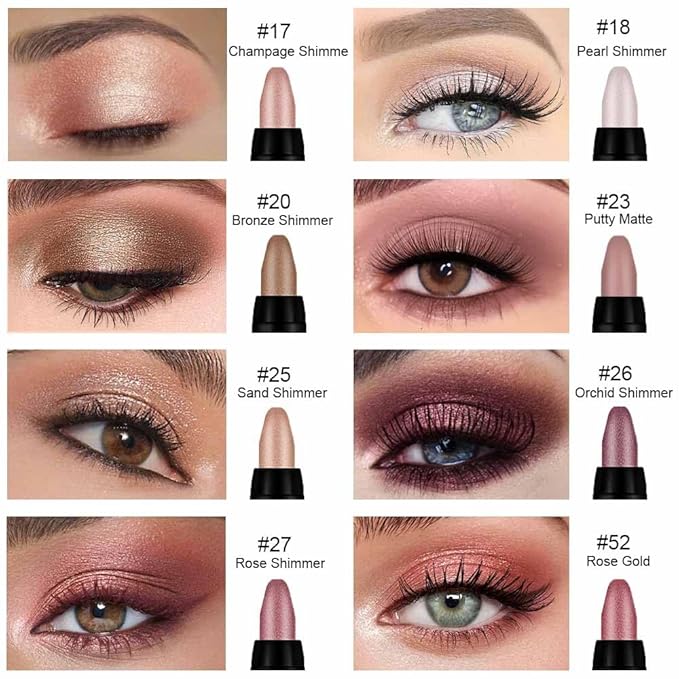 evpct 8Pcs Cream Eye Shadow Brightener Sticks Makeup Sets, Champagne Pearl Bronze Putty Sand Orchid Rose Gold Shimmer Matte Eyeshadow Eyeliner Pencil Applicator Stick Palette Makeup for Older Women 08