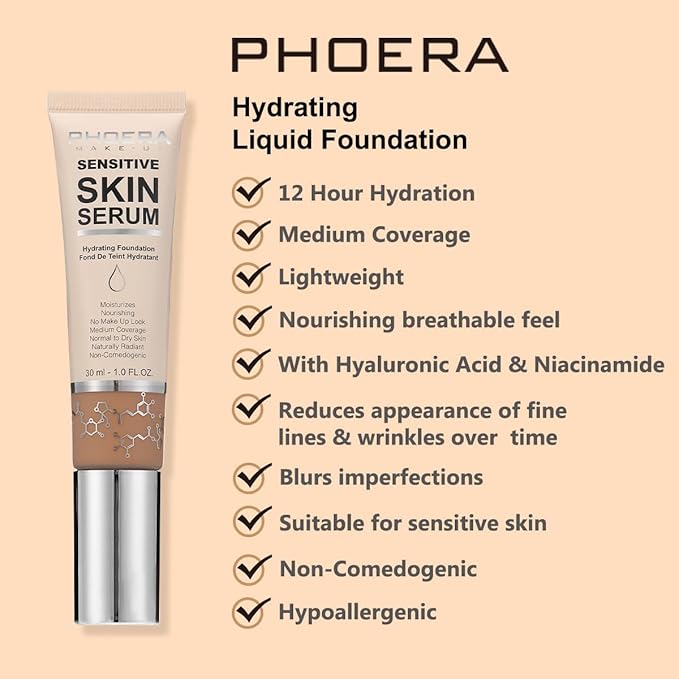 PHOERA Hydrating Serum Foundation,Flawless Full Coverage and Hypoallergenic Porcelain, norm)