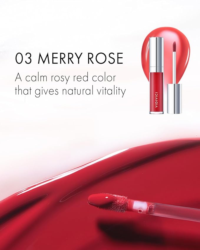 VIDIVICI Millennial Lip Oil #03 Merry Rose - Non-Sticky Dewy Gloss for Moisturized & Voluminous Lips - Natural Rosy Red Color Lip for Vitality Mood, 0.12 fl.oz.