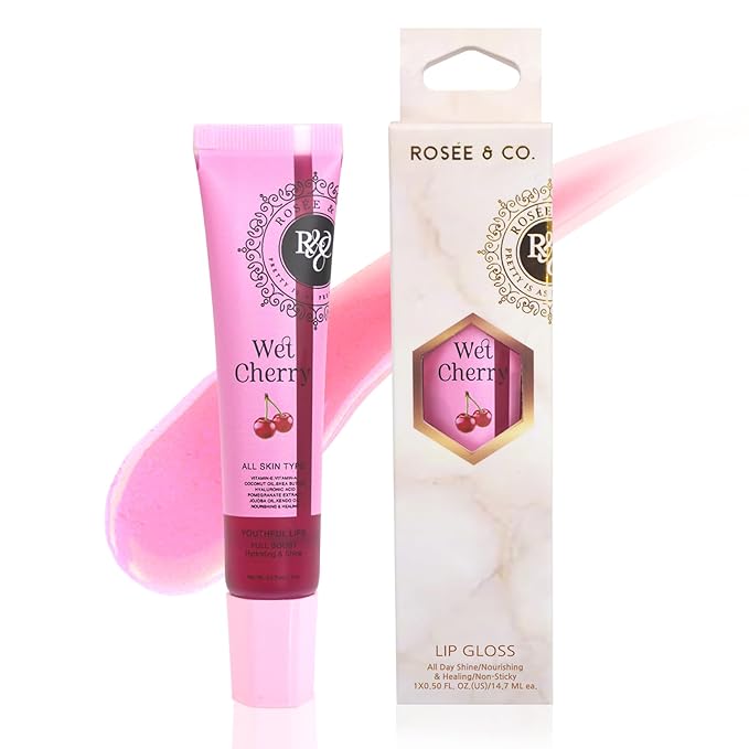 ROSÉE & CO Rosee Lip Gloss Vegan & Cruelty Free Treatment, Professional Make up, Long Lasting Glossy with Shea Butter, Moisturize, Protect & Smooth, High Shine, Non-Sticky (i. Wet Cherry, 0.5)