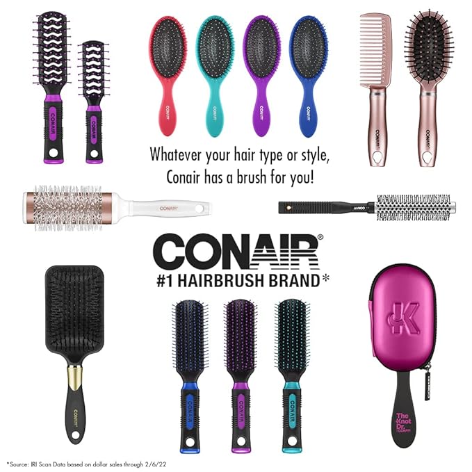 The Knot Dr. hair brush by Conair - Detangling hair brush - Removes Knots and Tangles in wet or dry hair- Black Neon w/Travel Case - Pink