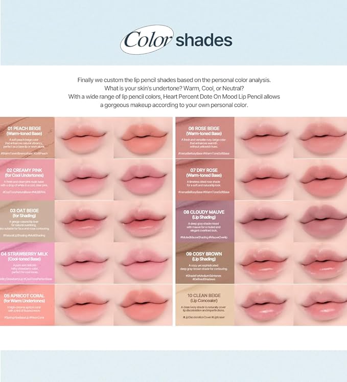 Heart Percent Dote On Mood Lip Pencil, Long-Lasting Creamy Lip Crayon Smooth Color Liner Retractable Lipstick Pencil 0.8g, #08. Cloudy Mauve