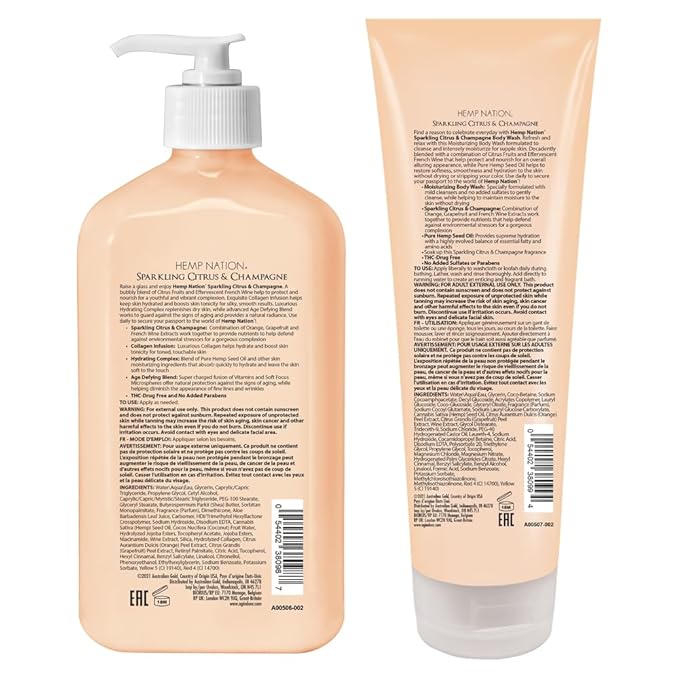 Australian Gold Hemp Nation Sparkling Citrus & Champagne Bundle - Tan Extender Body Lotion (18 FL Oz) & Body Wash (8 FL Oz), Effervescent Orange, Grapefruit & French Wine Extract, Pure Hemp Seed Oil