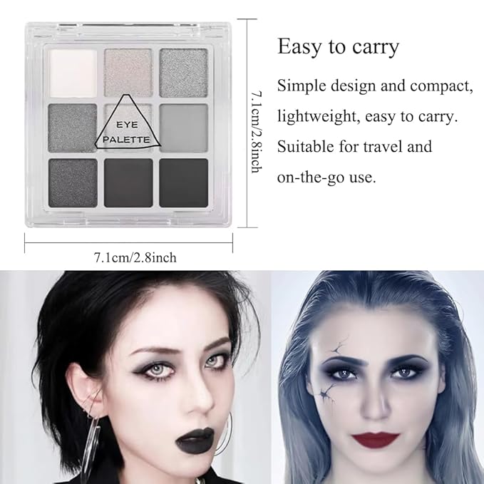 Black Smokey Eyeshadow Palette, 9 Colors Black Silver Gray White Goth Eyeshadow Makeup Palette, Waterproof Cool Toned Matte Glitter Eyeshadow Palette Sombras De Ojos Profesional