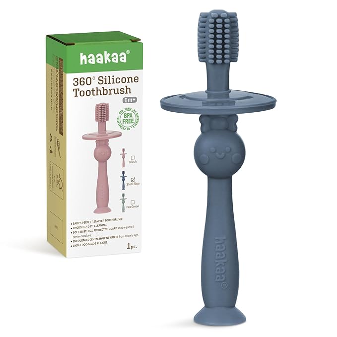 haakaa 360° Baby Toothbrush with Suction Base - Gentle Cleaning for Infant Self-Brushing Training, Food-Grade Silicone, Adjustable Safety Shield - Steel Blue (1 Piece)