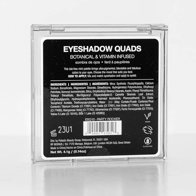 Palladio Eyeshadow Quads, Velvety Pigmented Blendable Matte, Metallic & Shimmer Finishes, Creamy Formula, Four Way Quad Eye Shadow Palette, Talc-Free (Party Rocker)