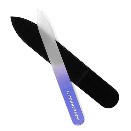 LONDONTOWN Lilac Double-Sided Glass Nail File & Care Tool, Professional Grit Etched Crystal Manicure Accessory with Case Pouch