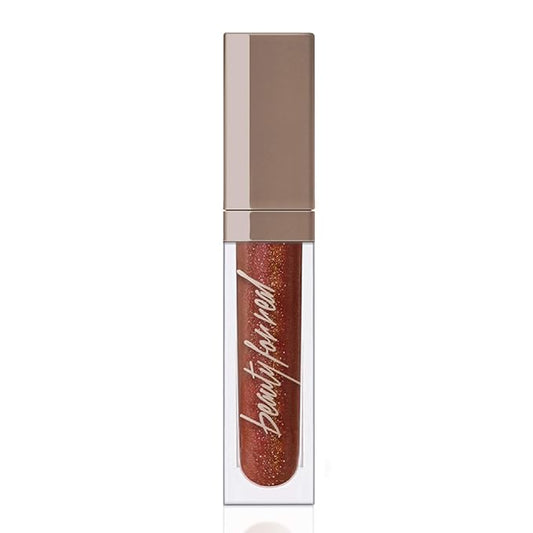 Beauty For Real Lip Gloss + Shine, Rebel Rebel - Deep Maroon Metallic - Non-Sticky Plumping & Hydrating Gloss - Light & Mirror In Cap - Contains Marine Collagen - 0.15 fl oz